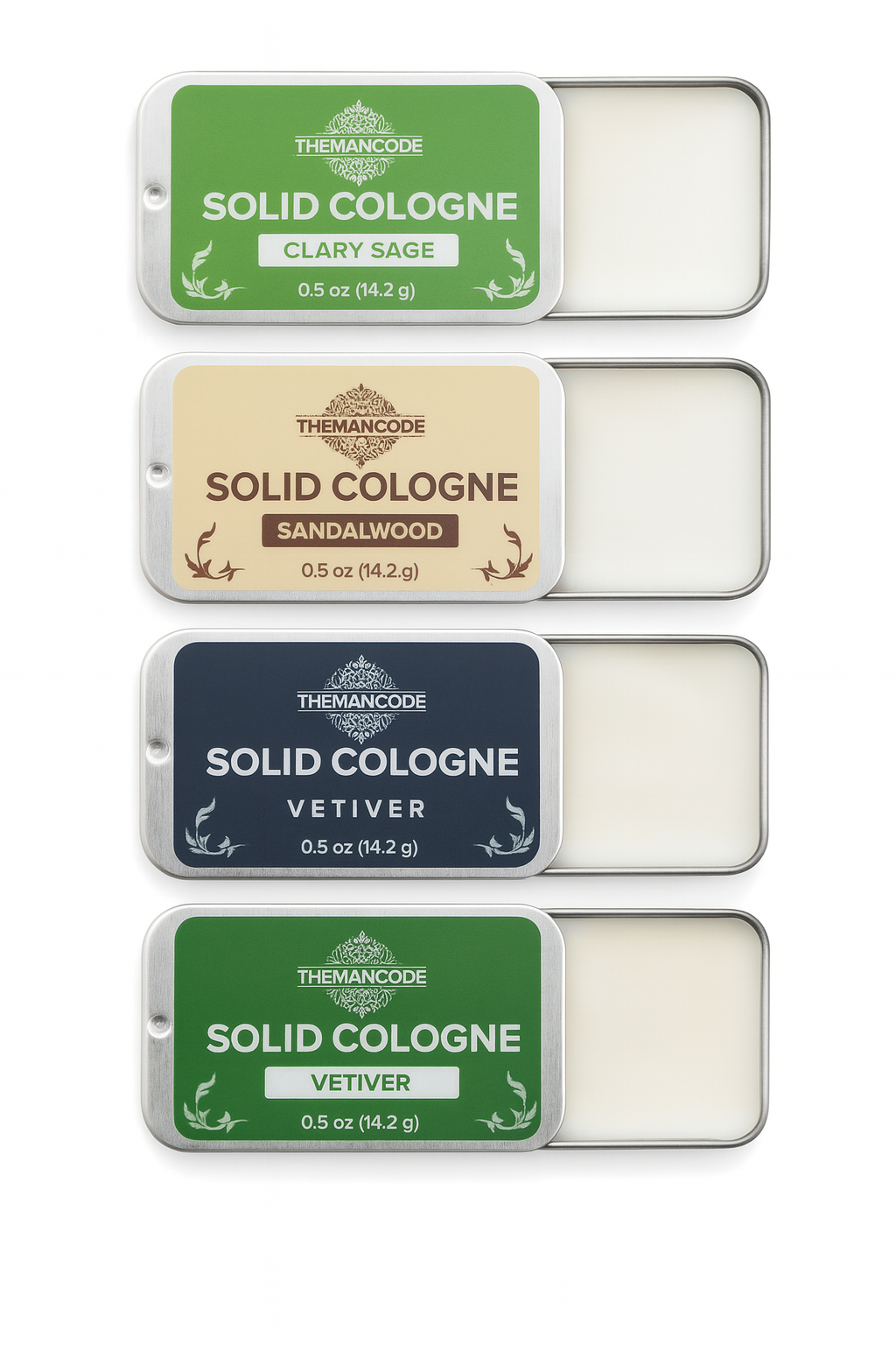 WM-THEMANCODE Solid Cologne for Men, 4 Pack Men Solid Perfume with Cedar Wood, Sandalwood, Clary Sage, Vetiver, Travel-Friendly, 2 oz