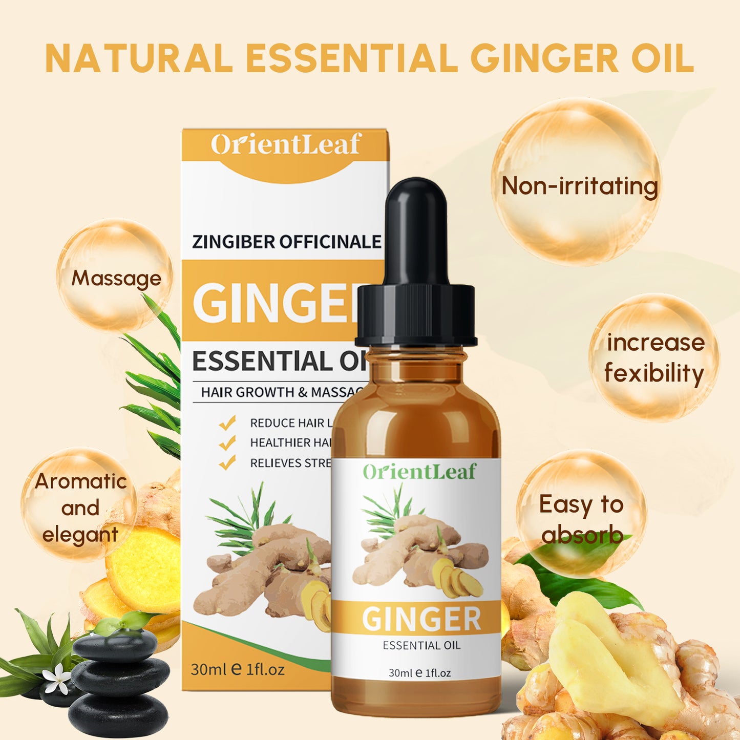 1.05 fl oz Ginger Essential Oil Pure Natural Plant Extraction Essential Oil for Massage & Hair Growth