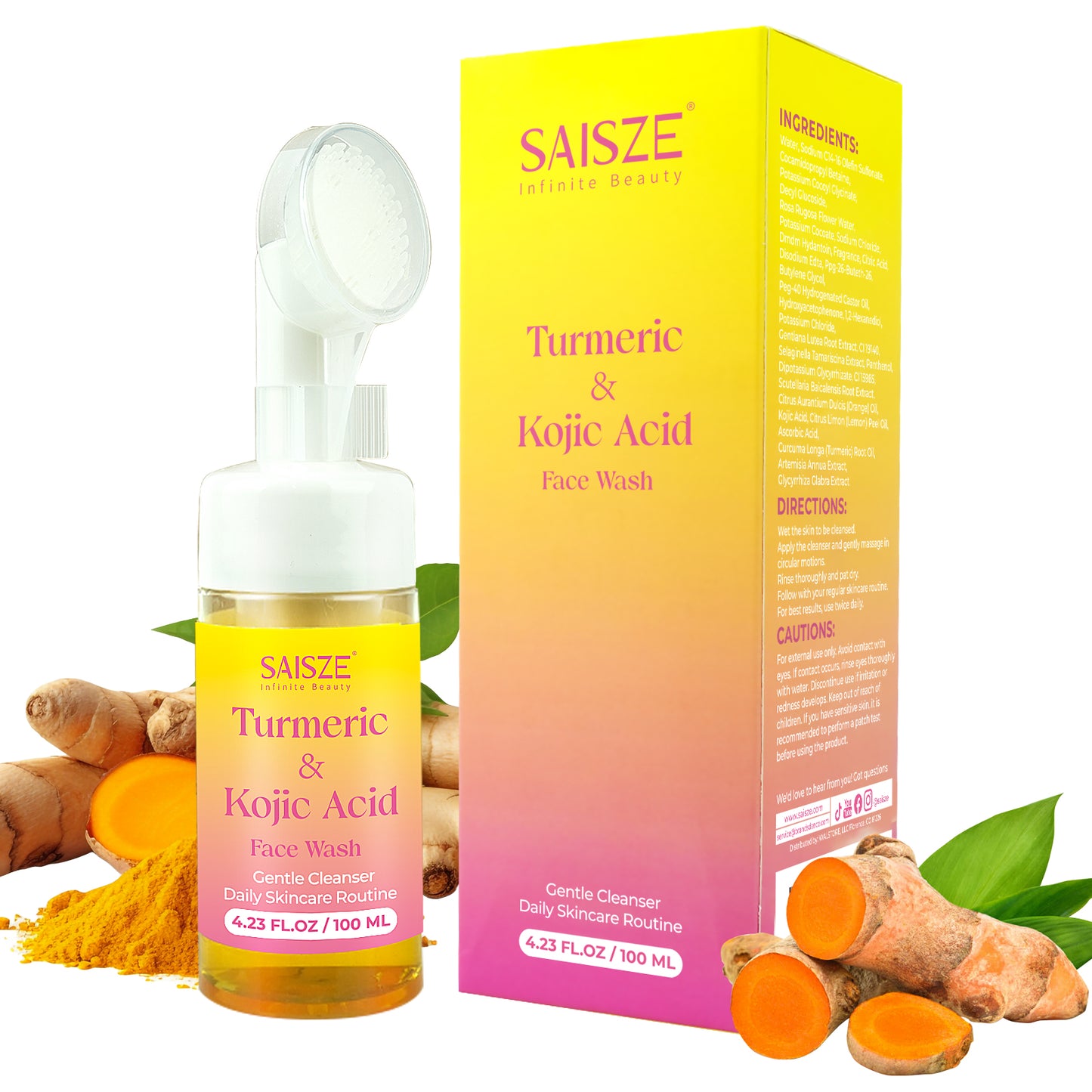 WM-SAISZE Turmeric Foaming Face Wash, Turmeric & Kojic Acid Facial Cleanser for All Skin Types