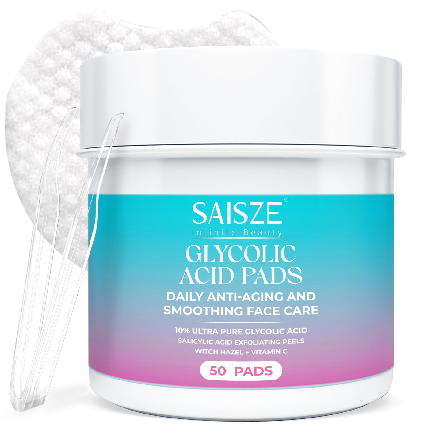 WM-SAISZE Glycolic Acid Pads for Face, 10% Glycolic Acid & Salicylic Acid Exfoliating Peel Pads for Cleansing Skin with Vitamin C & Witch Hazel, 50 Pads