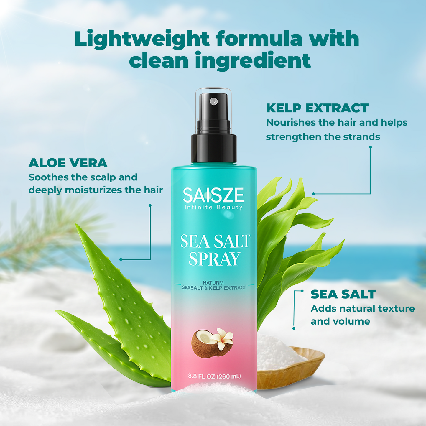 WM-Sea Salt Spray for Women, Natural UV Protction Hair Spray for Beach Wave & Volumizing Texturizing, Suitable for All Hair Types, 8.8 fl oz (260 ml)