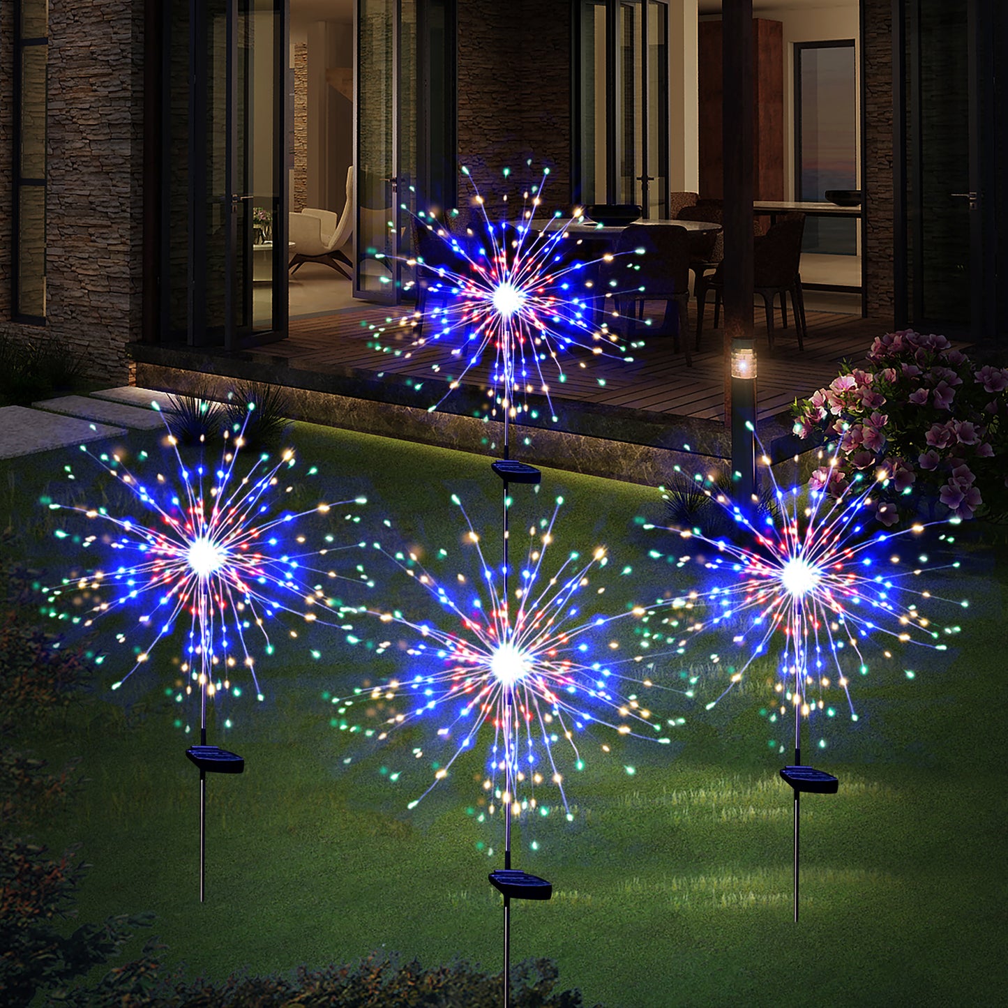 OriginalSourcing 4 Pack 120LED Solar Lights for Outside, Solar Firework Light Outdoor Waterproof with 8 Flashing Modes, Solar Lights for Lawn and Garden Decoration, Multicolor
