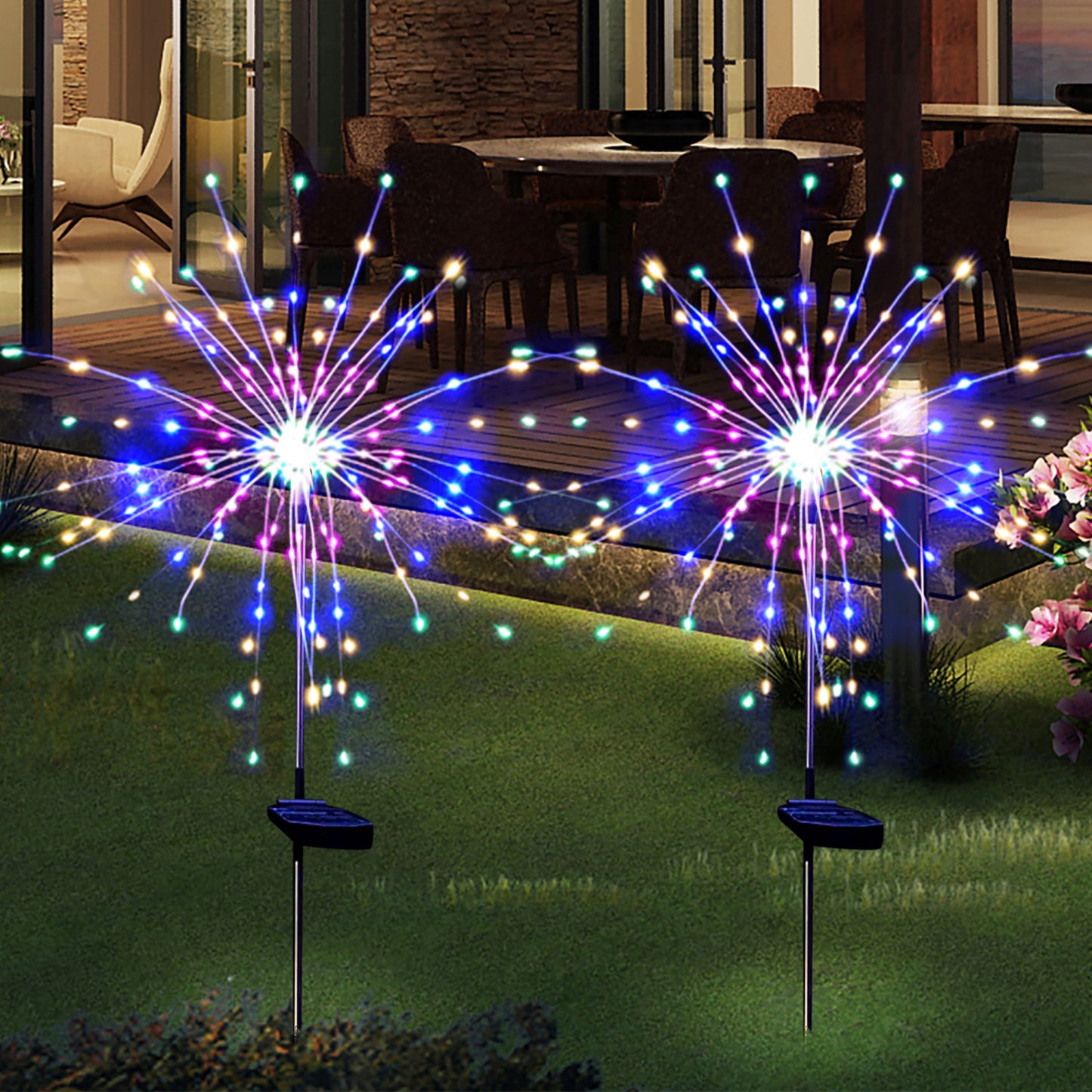 OriginalSourcing 2 Pack Outdoor Solar Garden Light Firework Lights 120 LED Waterproof Garden Decor Lights for Patio Multicolor, Christmas Day Outdoor Decor