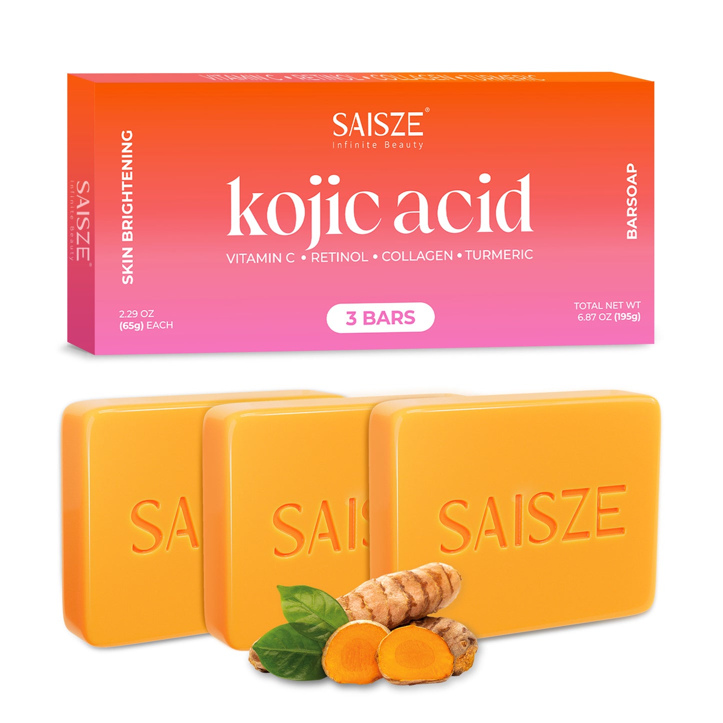SAISZE Kojic Acid Soap for Dark Spots, Handmade Turmeric Soap Bars for Body & Face for All Skin Types, Smooth Skin, 2.29 oz × 3 Bars