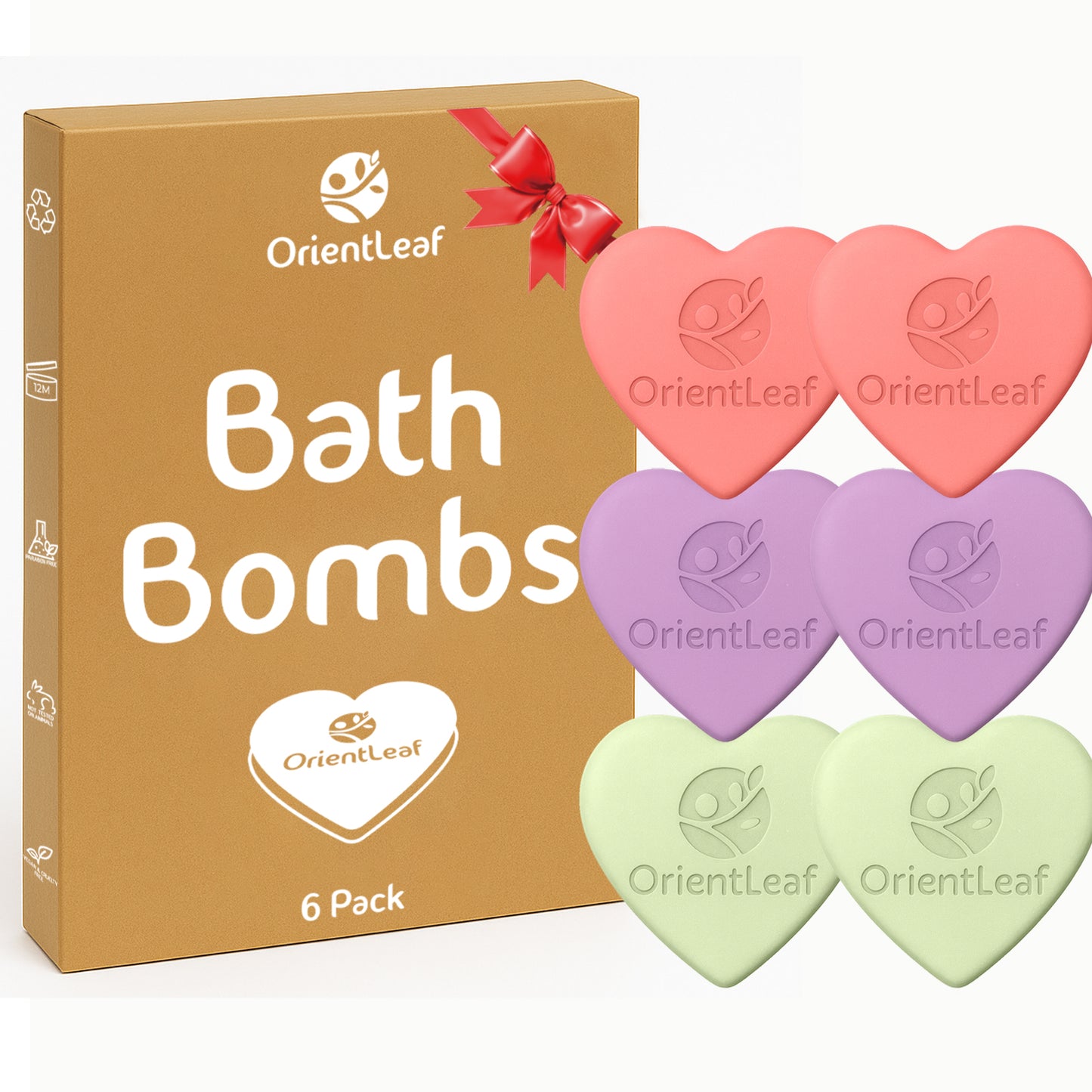WM-Orientleaf Bath Bombs Gift Set, 6 Heart Shaped Relaxing Aromatherapy Bath Bombs with Lavender, Rose & Eucalyptus, Perfect Birthday & Mother’s Day Gift for Mom & Women, 0.75lb