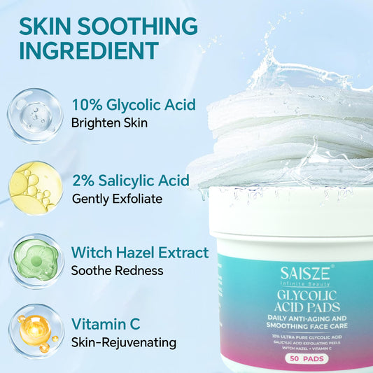 Glycolic Acid Pads for Face Cleansing for Smoothing Skin with Vitamin C & Witch Hazel