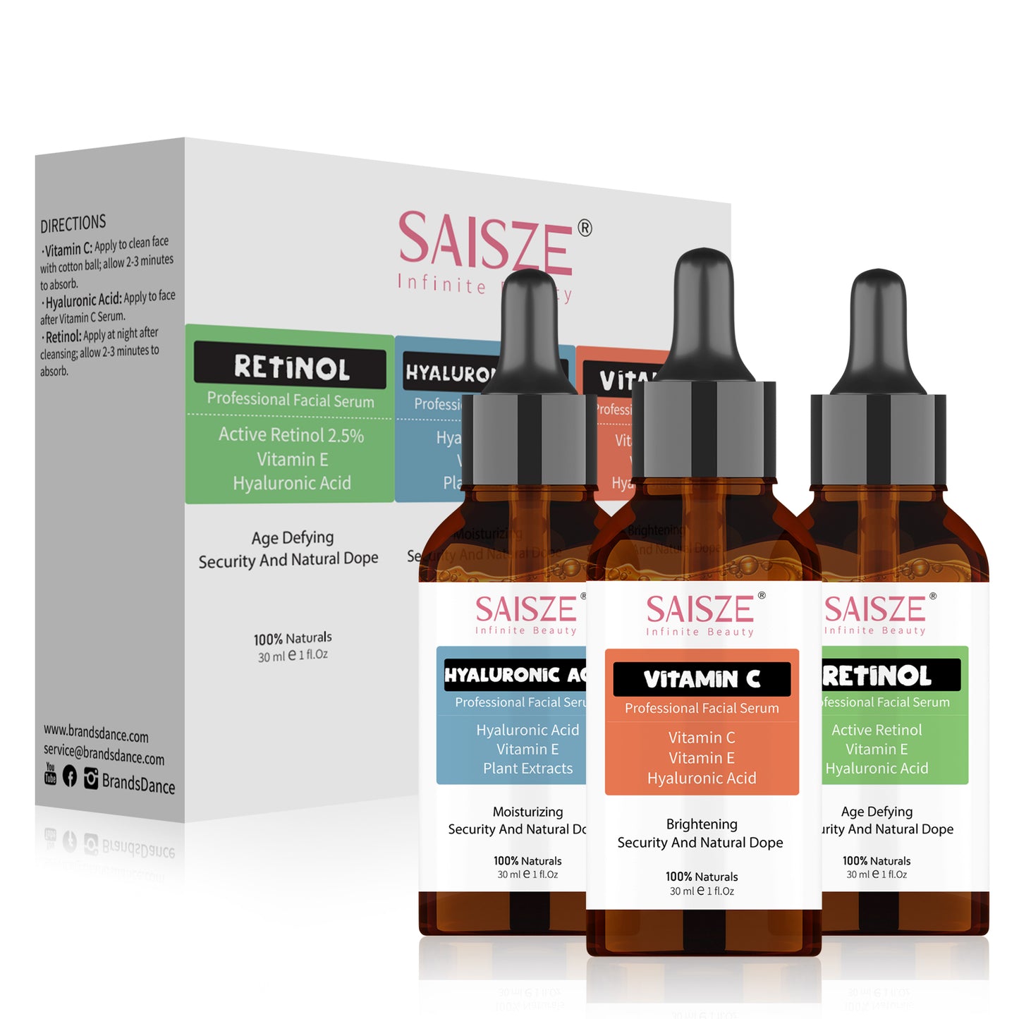 SAISZE Face Serum Set, 3 Pcs Anti-Aging Vitamin C Serum & Hyalurionic Acid Serum & Retinol Serum Kit