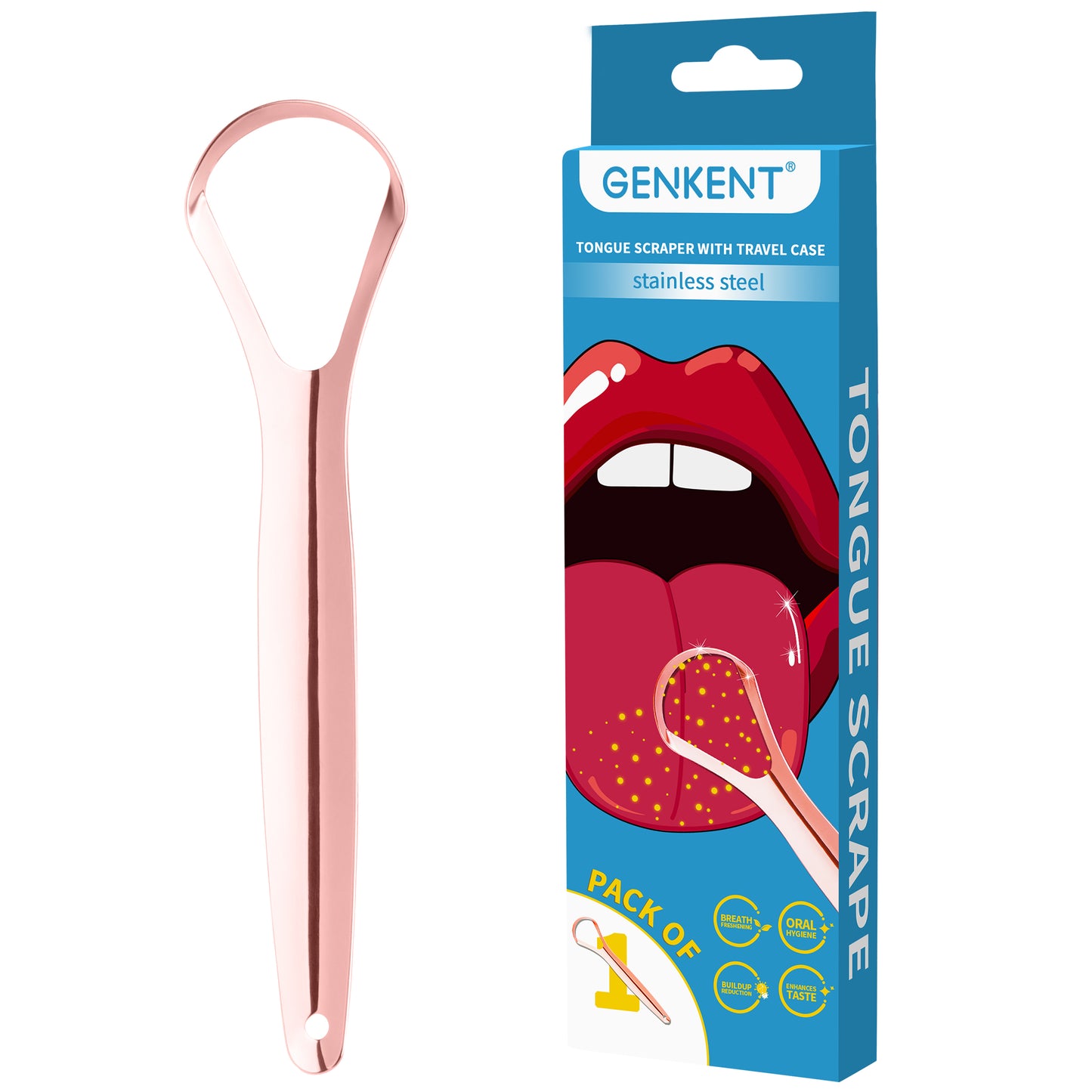 WM GENKENT 2 Pack Tongue Scraper with Cases, 100% Stainless Steel Tongue Cleaner for Bad Breath Reduce, Suitable for Home & Office Use