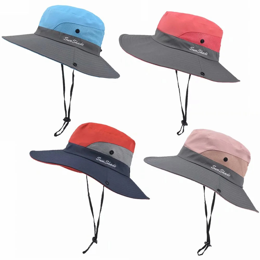 Womens UV Protection Wide Brim Sun Hats Cooling Mesh Ponytail Hole Cap