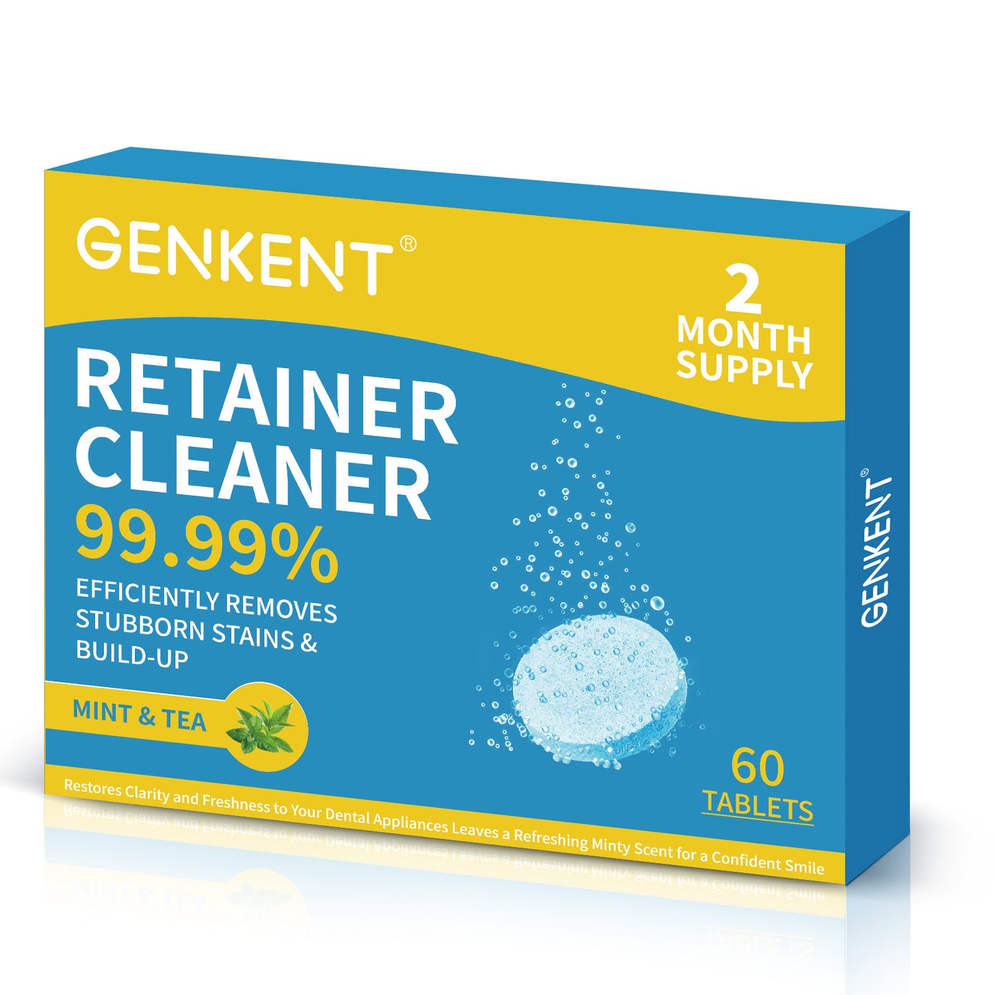 GENKENT Retainer Cleanser for Mouth Guards, Fresh Mint Tea Orthodontic Braces, and Denture Stains Clean & Remove, 60 Tablets