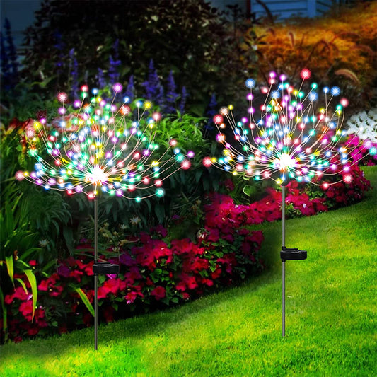 WM Homchum 2 Pcs Solar Garden Lights 180 LED Solar Firework Lights Solar Powered String Light with 8 Lighting Modes for Garden, Patio, Yard, Flowerbed, Parties Decor, Warm White