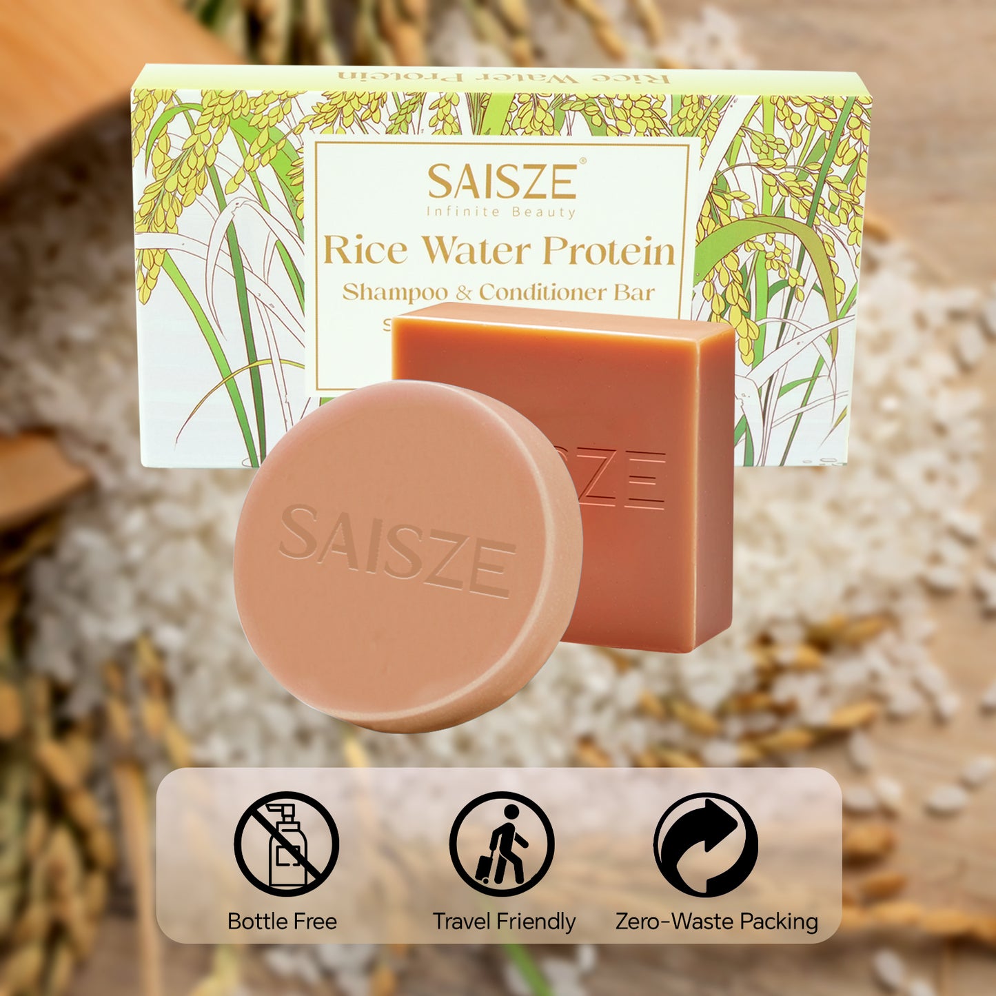 SAISZE Rice Water Shampoo Bar Set, Strengthening & Thickening (2 Pcs)