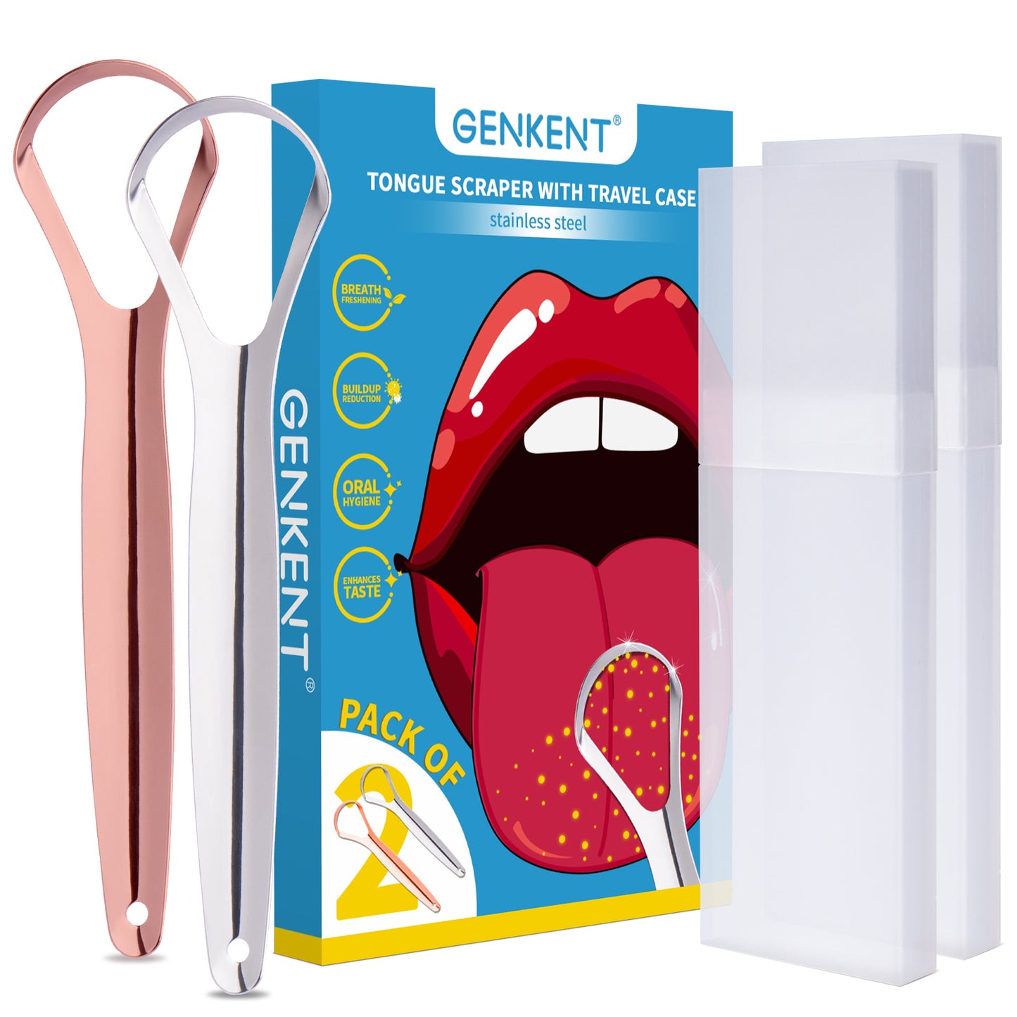 WM GENKENT 2 Pack Tongue Scraper with Cases, 100% Stainless Steel Tongue Cleaner for Bad Breath Reduce, Suitable for Home & Office Use