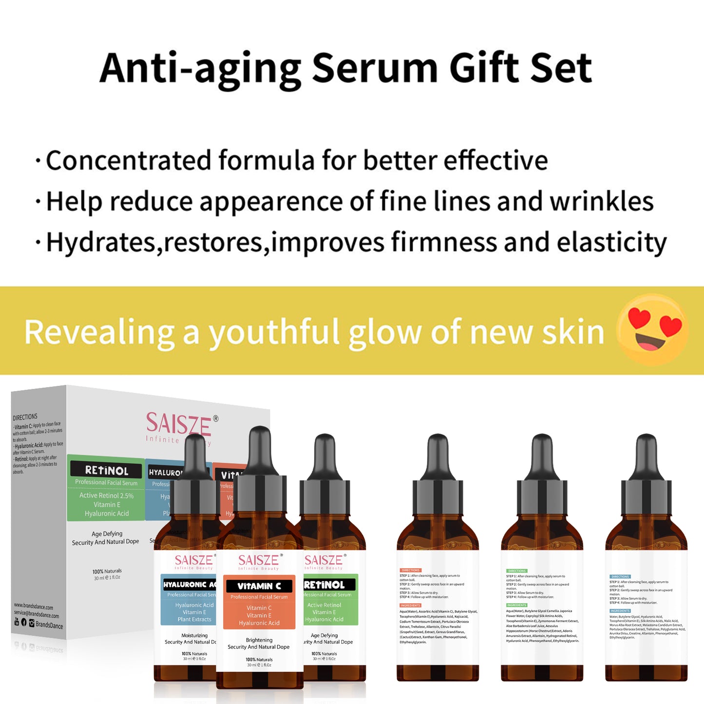 SAISZE Face Serum Set, 3 Pcs Anti-Aging Vitamin C Serum & Hyalurionic Acid Serum & Retinol Serum Kit