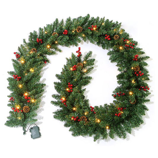 WM Originalsourcing 9FT Christmas Garland with 8 Patterns String Lights Pine Needle Pine Cone Red Berry for Christmas