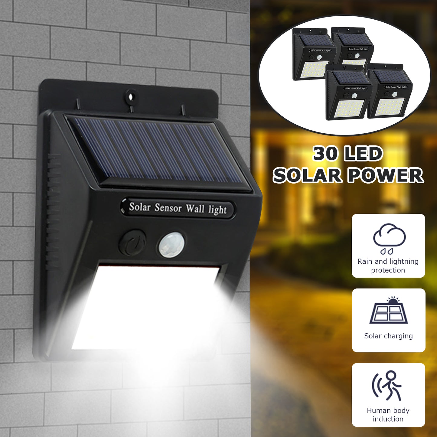 Solar Motion Light Outdoor 30 LED Wireless Security Wall Lamp IP65 Waterproof Spotlight 3 Light Modes for Garden Patio