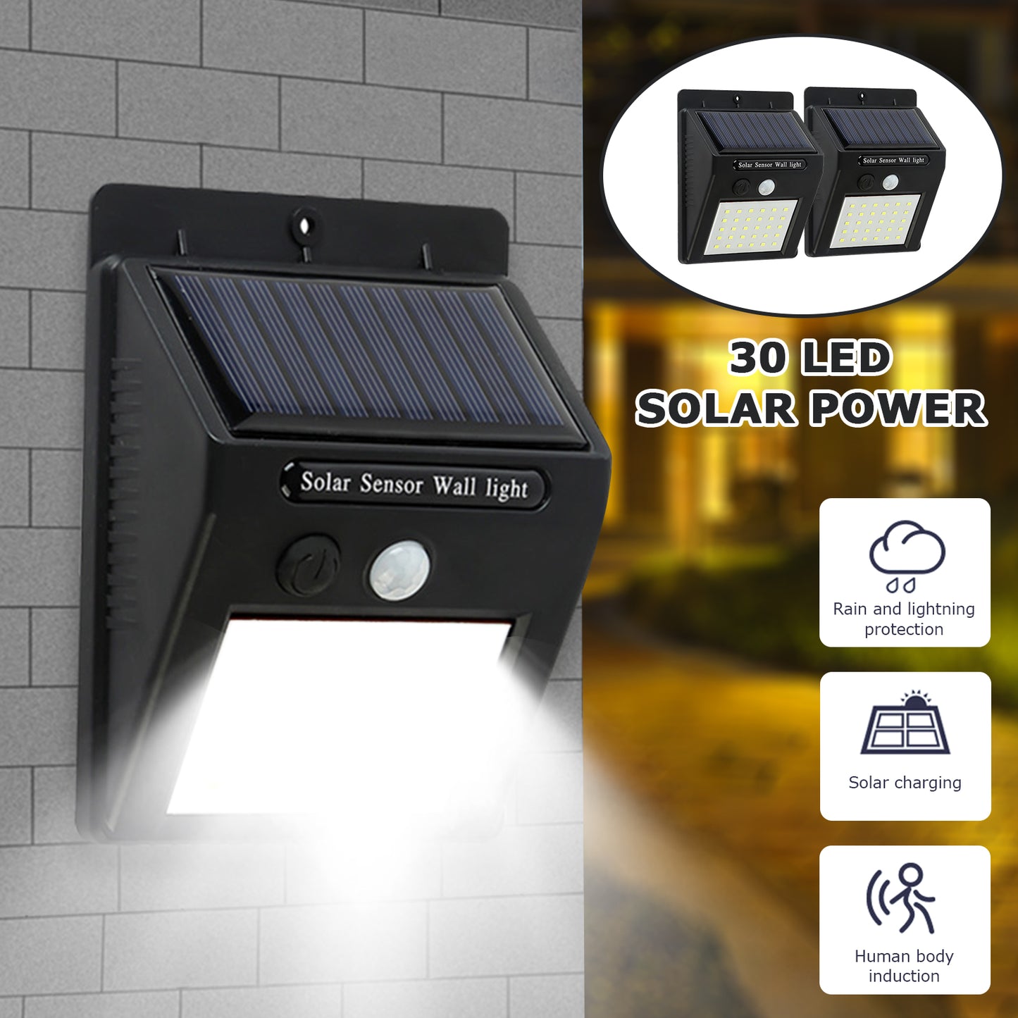 Solar Motion Light Outdoor 30 LED Wireless Security Wall Lamp IP65 Waterproof Spotlight 3 Light Modes for Garden Patio