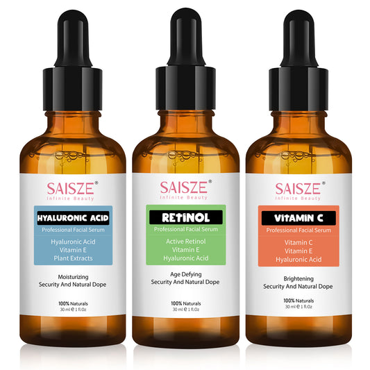 SAISZE Face Serum Set, 3 Pcs Anti-Aging Vitamin C Serum & Hyalurionic Acid Serum & Retinol Serum Kit