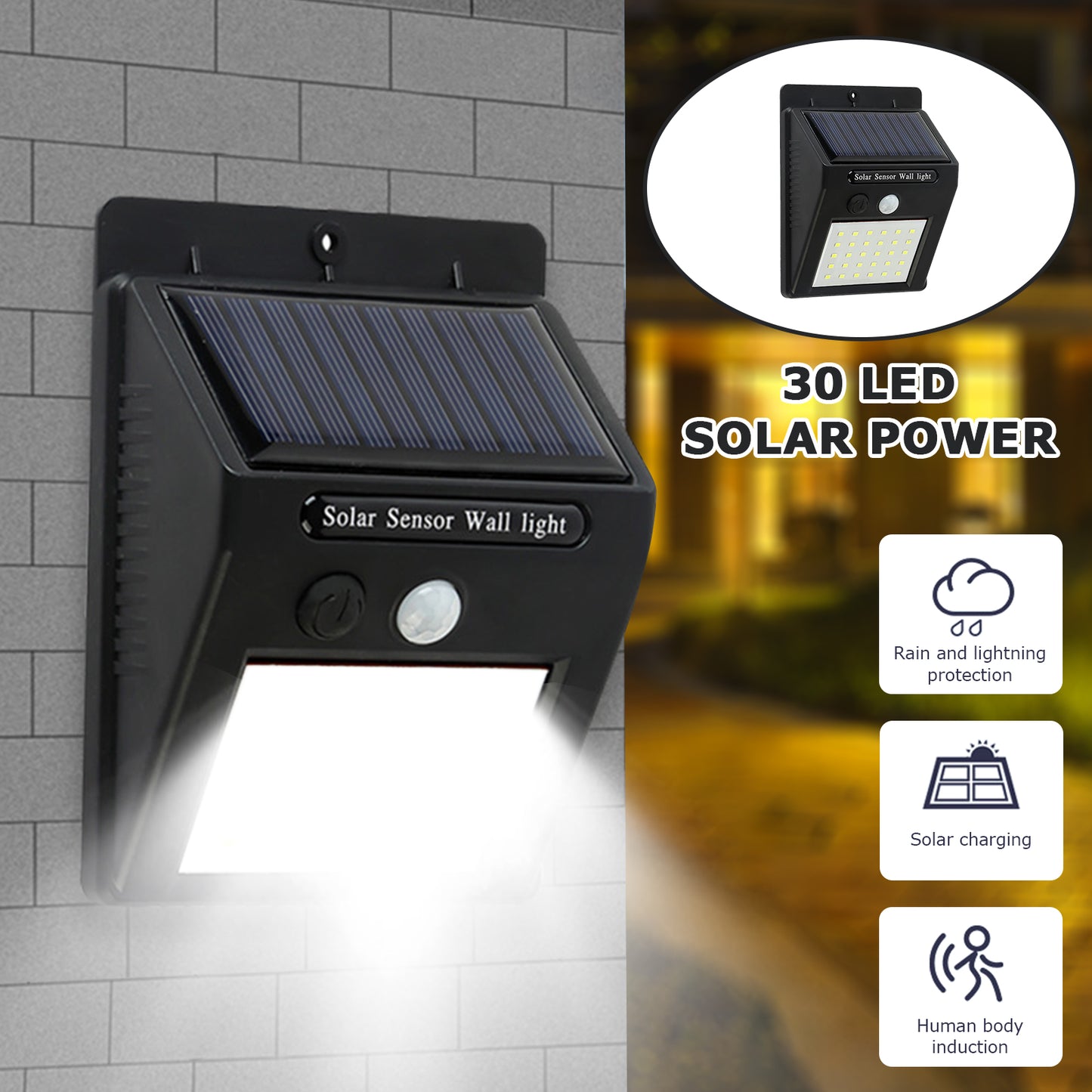 Solar Motion Light Outdoor 30 LED Wireless Security Wall Lamp IP65 Waterproof Spotlight 3 Light Modes for Garden Patio