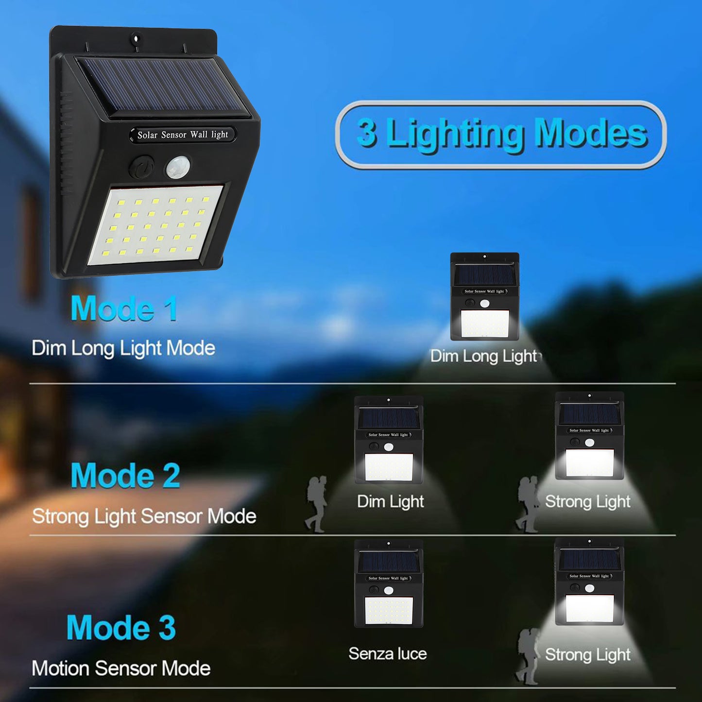 Solar Motion Light Outdoor 30 LED Wireless Security Wall Lamp IP65 Waterproof Spotlight 3 Light Modes for Garden Patio