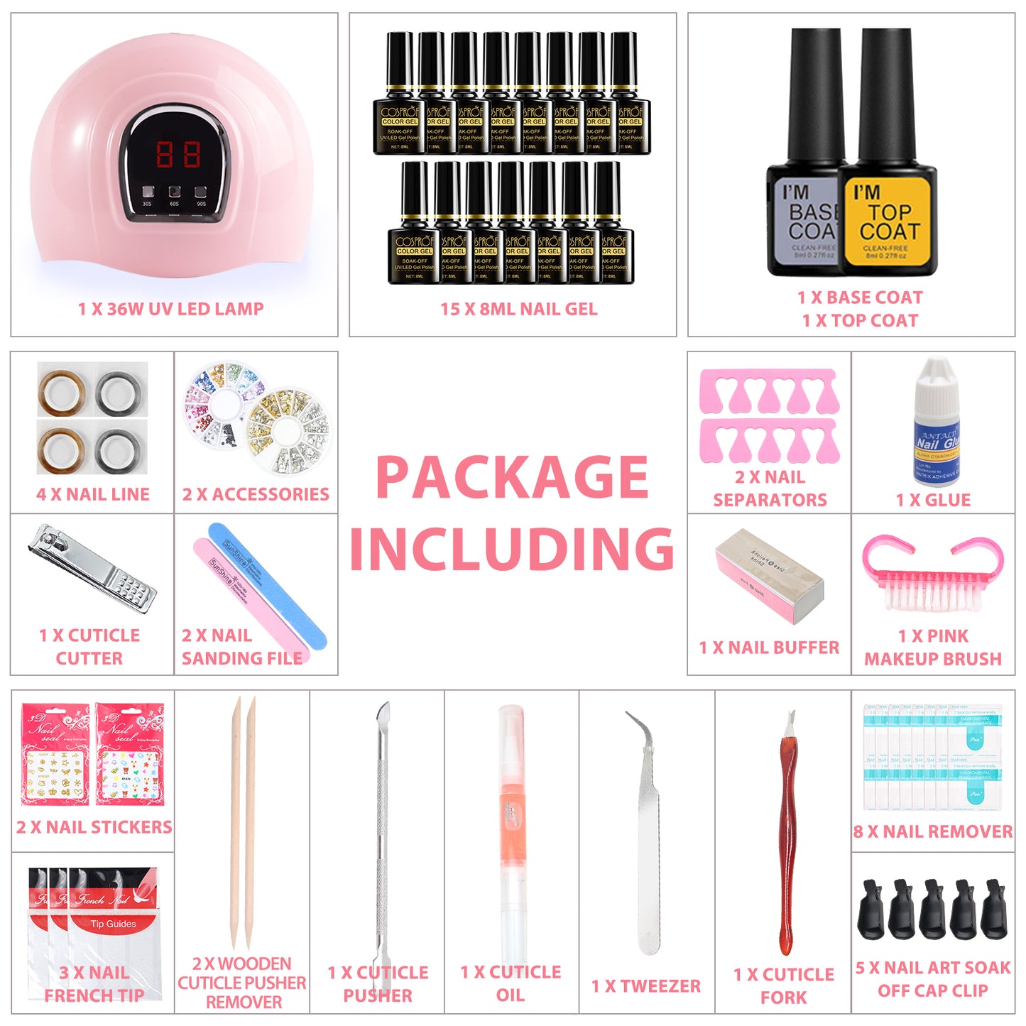 36W 18LED Nail Lamp Gel Nail Polish Starter Kit Manicure 15 Colors